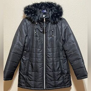 LK NEW Women's Black Quilted Jacket with Faux Fur Hood Sz L